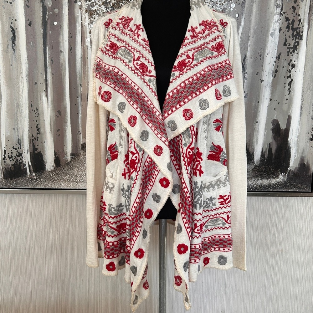 Biya Johnny Was Embroidered Waterfall Cardigan Cream Red Grey XS Boho Sweater